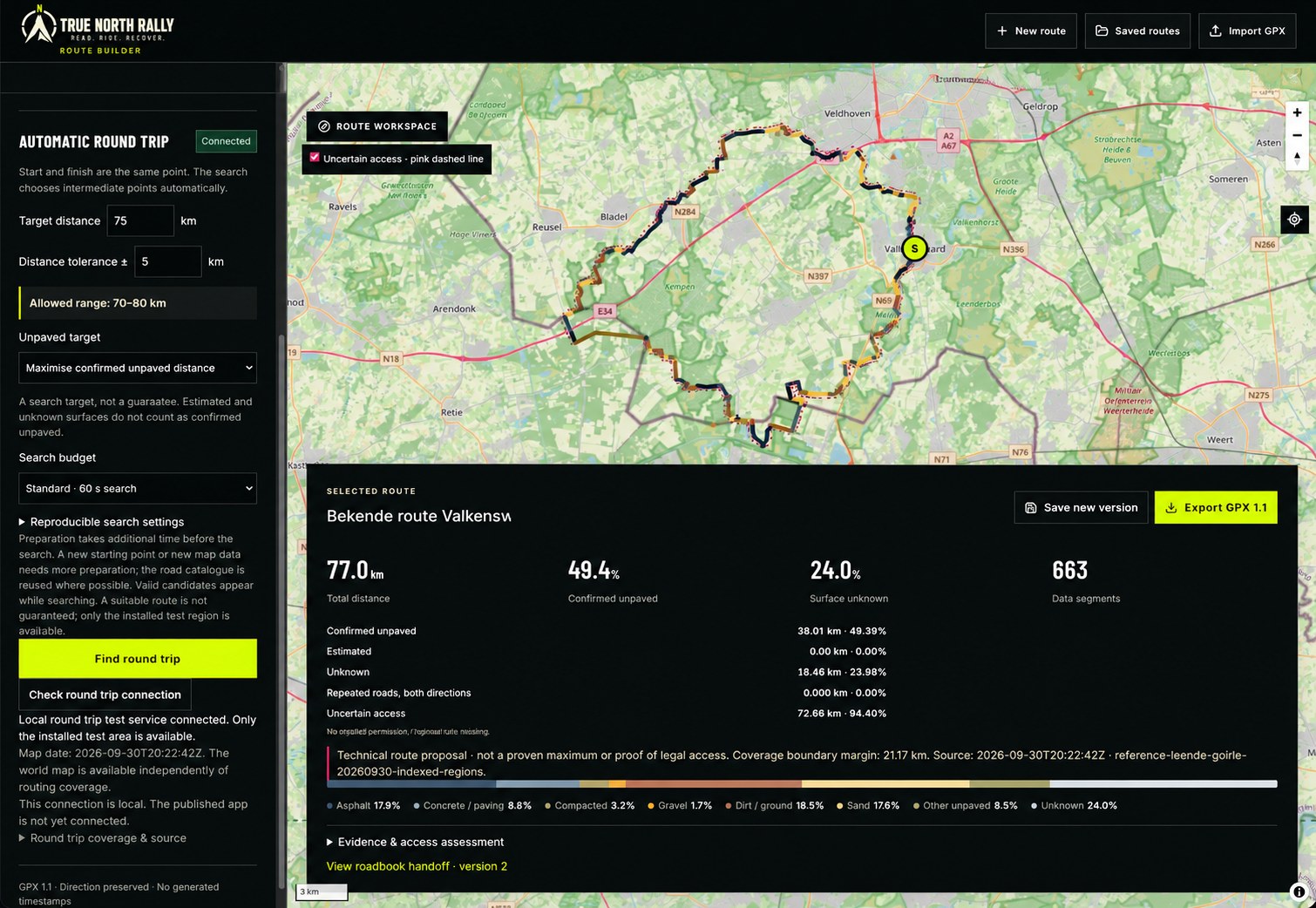 TNR Route Builder interface showing round-trip search controls, a mapped route and selected-route surface and access metrics