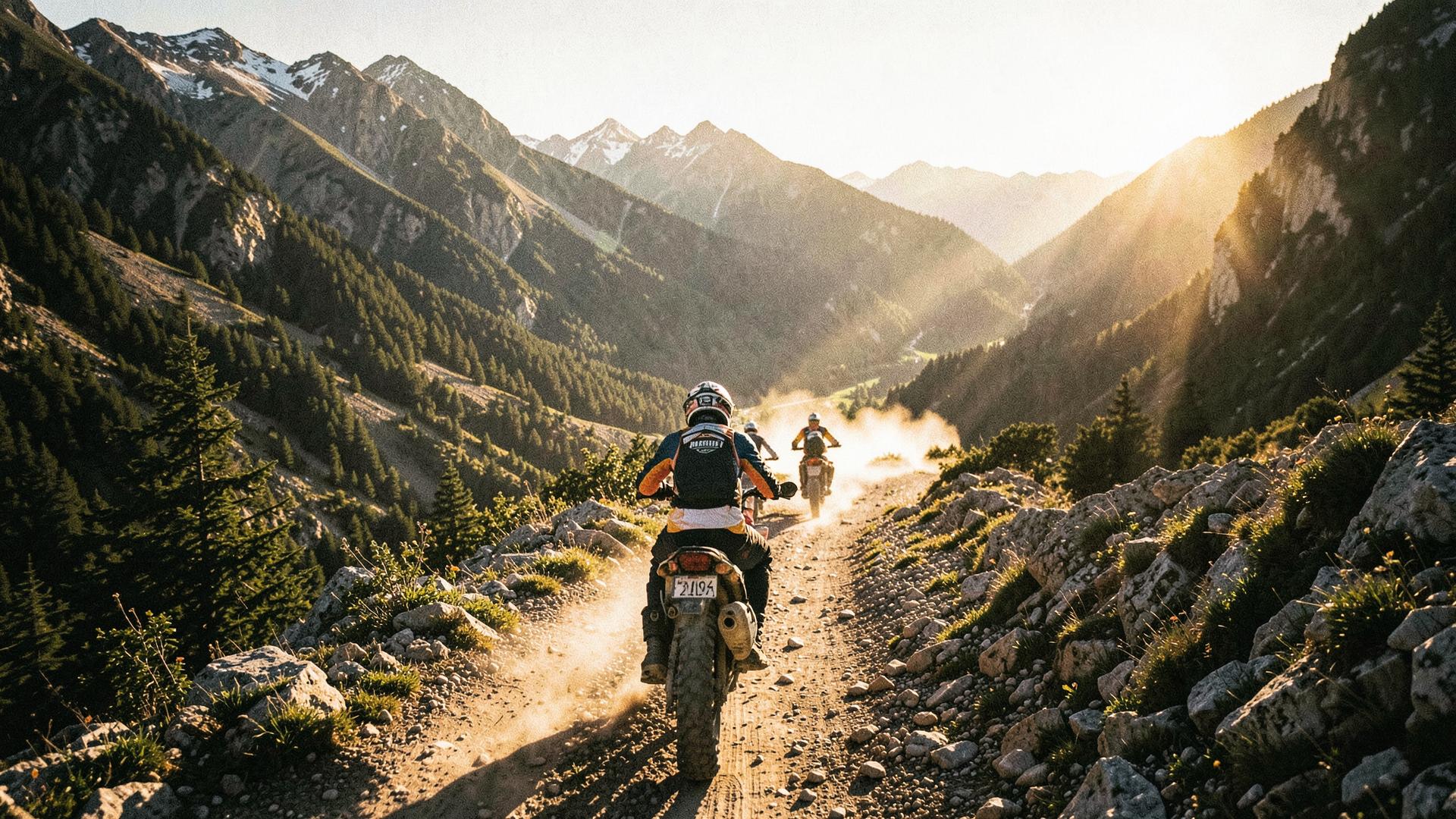 Convoy of rally riders crossing open terrain