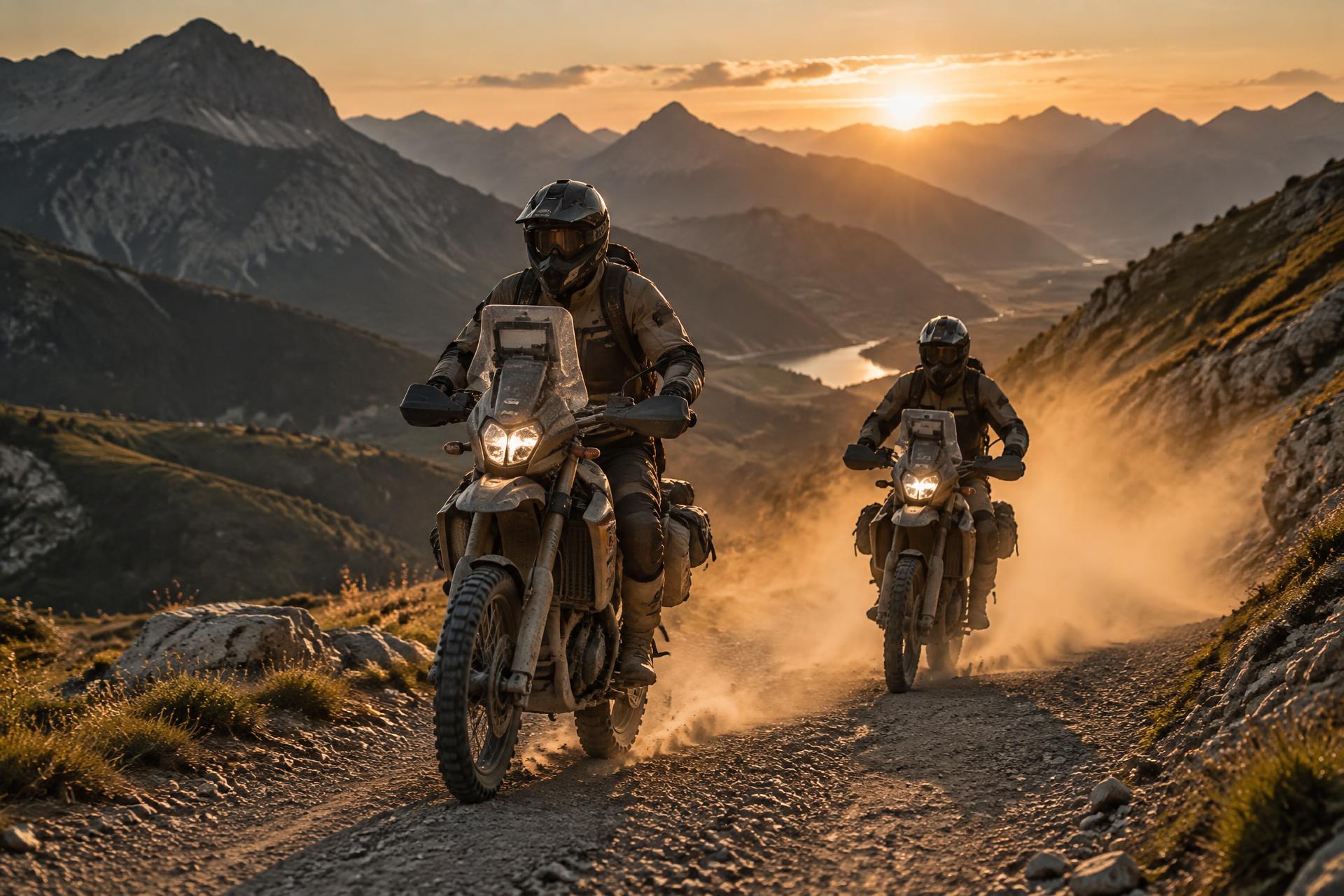 Rallyrijder op een stoffig bergpad bij zonsondergang