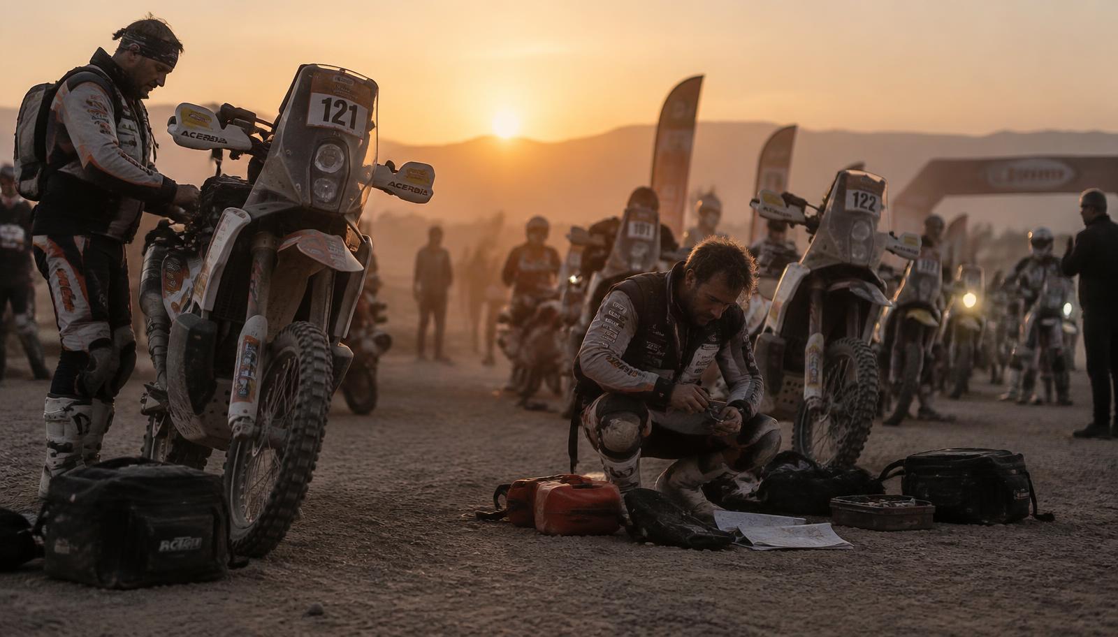 Rider stopped in open terrain checking the roadbook before continuing